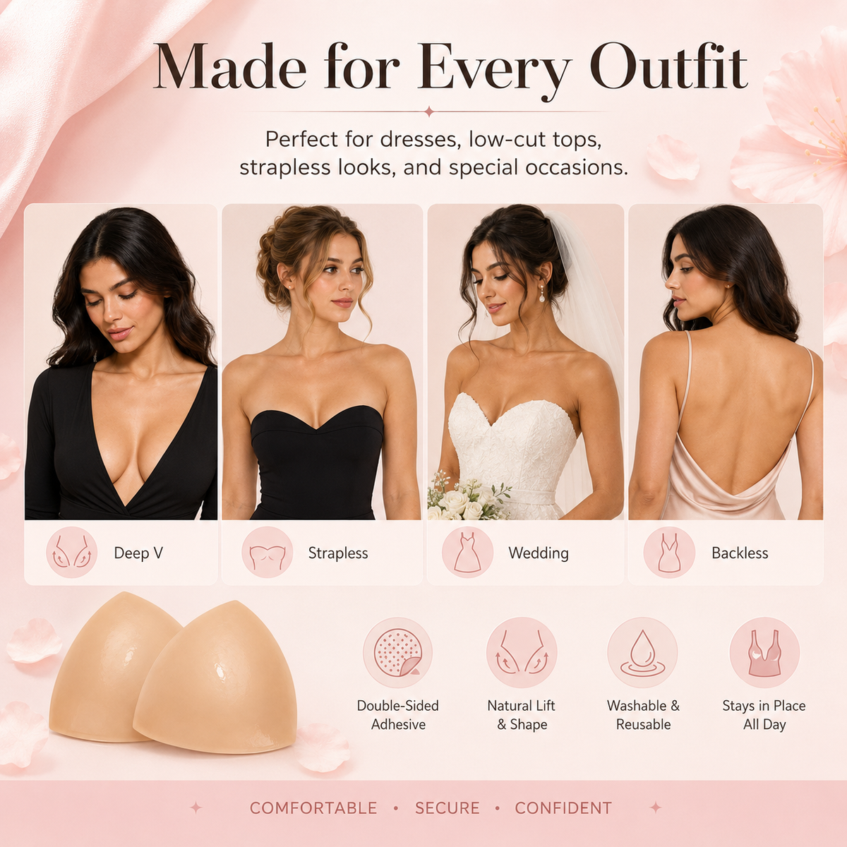 🩷Last Day 50% OFF⏳-- Invisible Lift - Patented Sticky Fashion Bra Inserts Prevents Nipple Slips No Sewing Required Low Cut Tops Womenswear