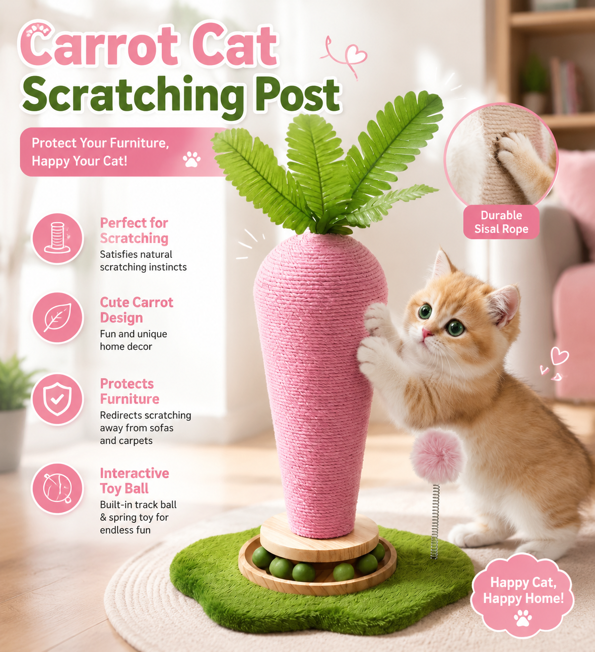 Delvaniq®Durable Carrot Cat Scratcher & Natural Wood Interactive Toy Set