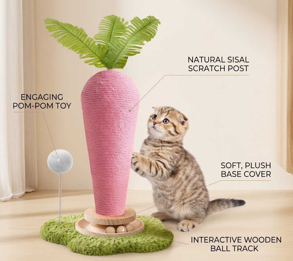 Delvaniq®Durable Carrot Cat Scratcher & Natural Wood Interactive Toy Set