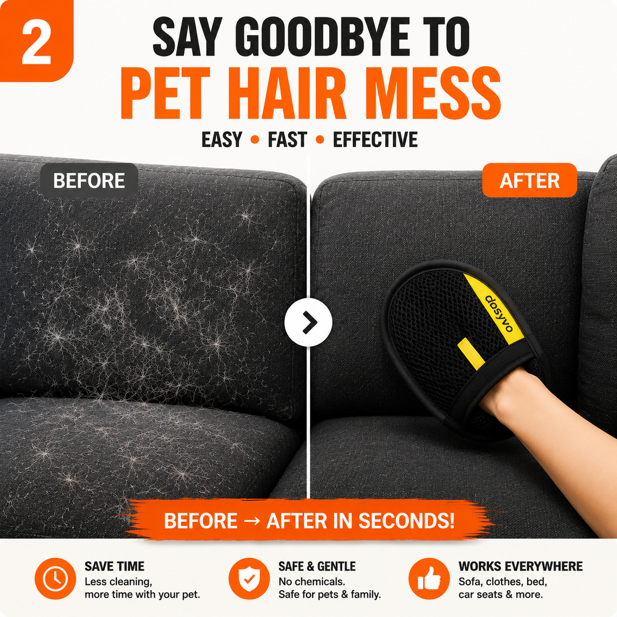 🔥 Flash Sale: 70% OFF –The dosyvo Pet Hair Removal Glove – ⚡ Swipe to Lift Fur from Furniture, Clothes & Cars