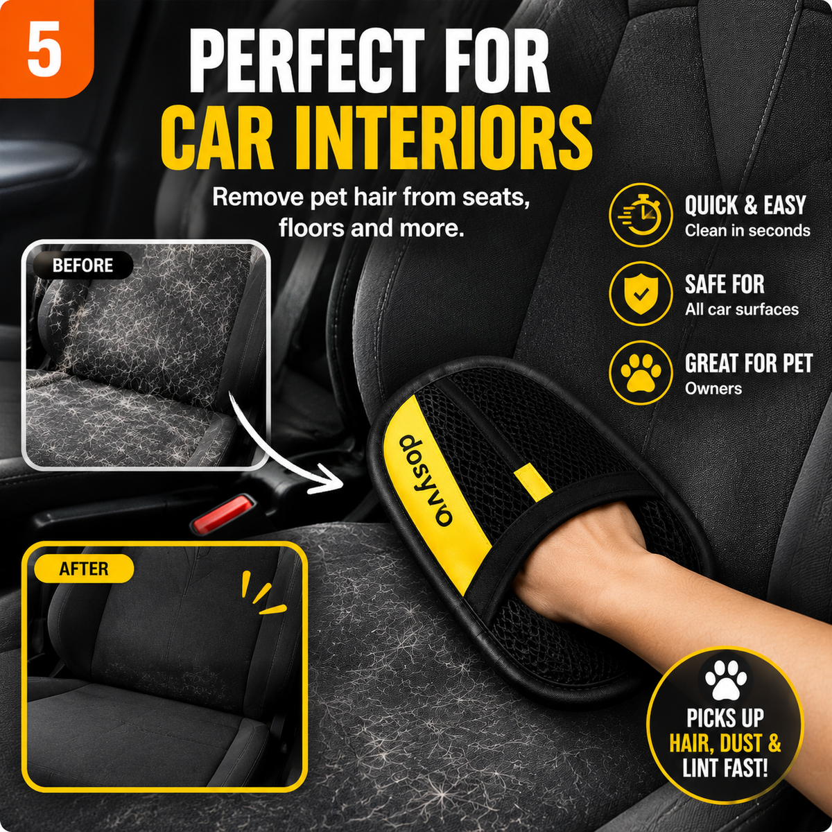 🔥 Flash Sale: 70% OFF –The dosyvo Pet Hair Removal Glove – ⚡ Swipe to Lift Fur from Furniture, Clothes & Cars