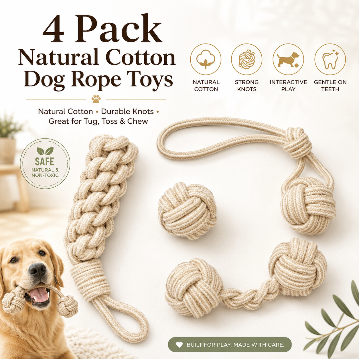 Delvaniq®4 Pack Natural Cotton Dog Rope Toys